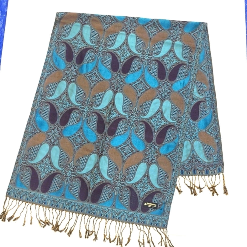 Pashmina Scarf Wrap Cashmere Blend Paisley Blue Purple Brown Knotted Fringe